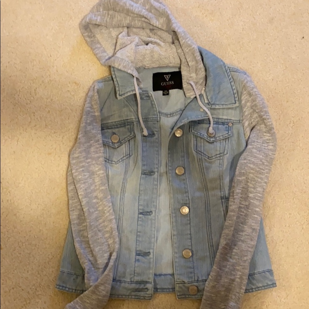 Guess brand denim jacket with grey sweater sleeves